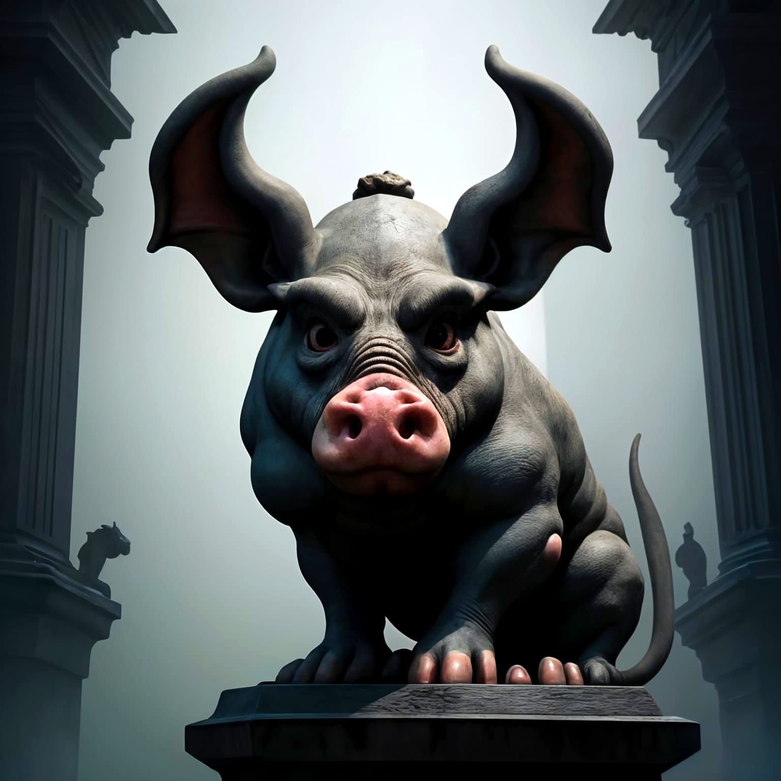 Mysterious Pig Gargoyle in Misty Horror