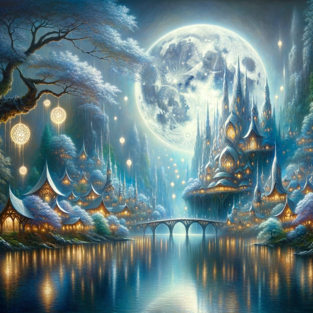 Dreamlike Village Under a Full Moon
