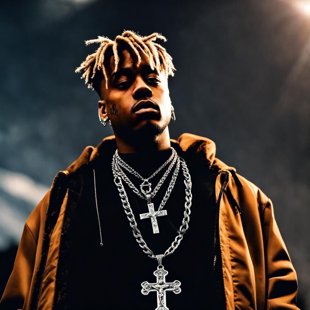 Juice WRLD Portrait with Christian Cross Chain