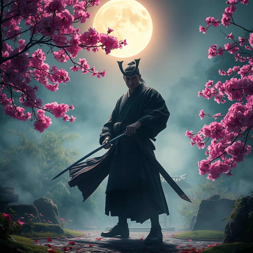 Miyamoto Musashi Standing Heroically in Moonlit Garden