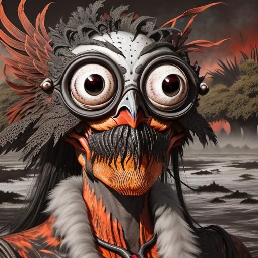 Surreal Bird Portrait Under Black Moons and Red Skies