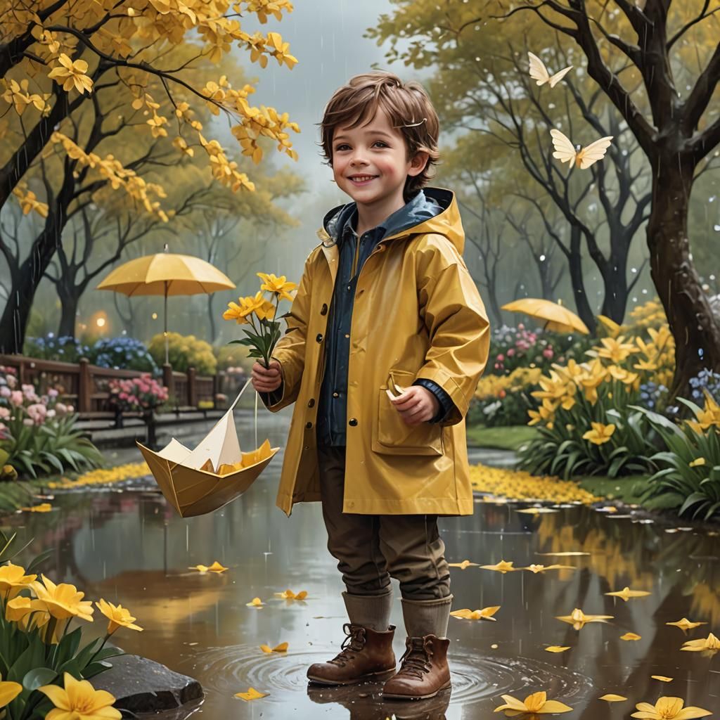 Smiling Boy in Rainy Park, Fantasy Concept Art