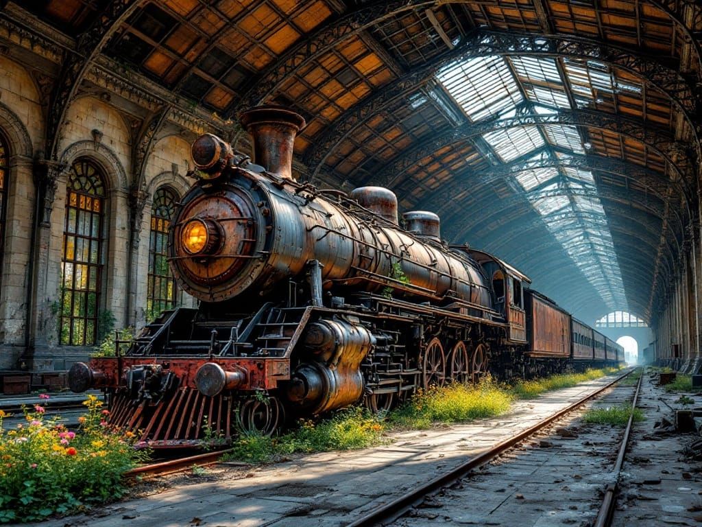Rusting Steam Locomotive in Abandoned Train Station