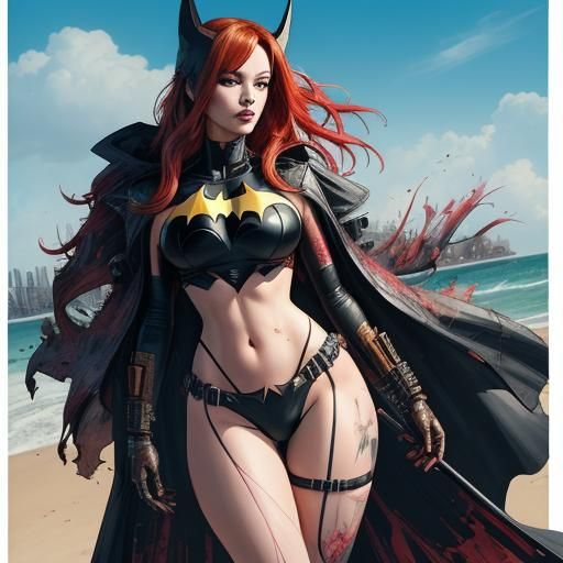 Bat girl at the beach.  red-hair batgirl from dc comic wearing alternate yellow  bikini costume,  coy and alluring