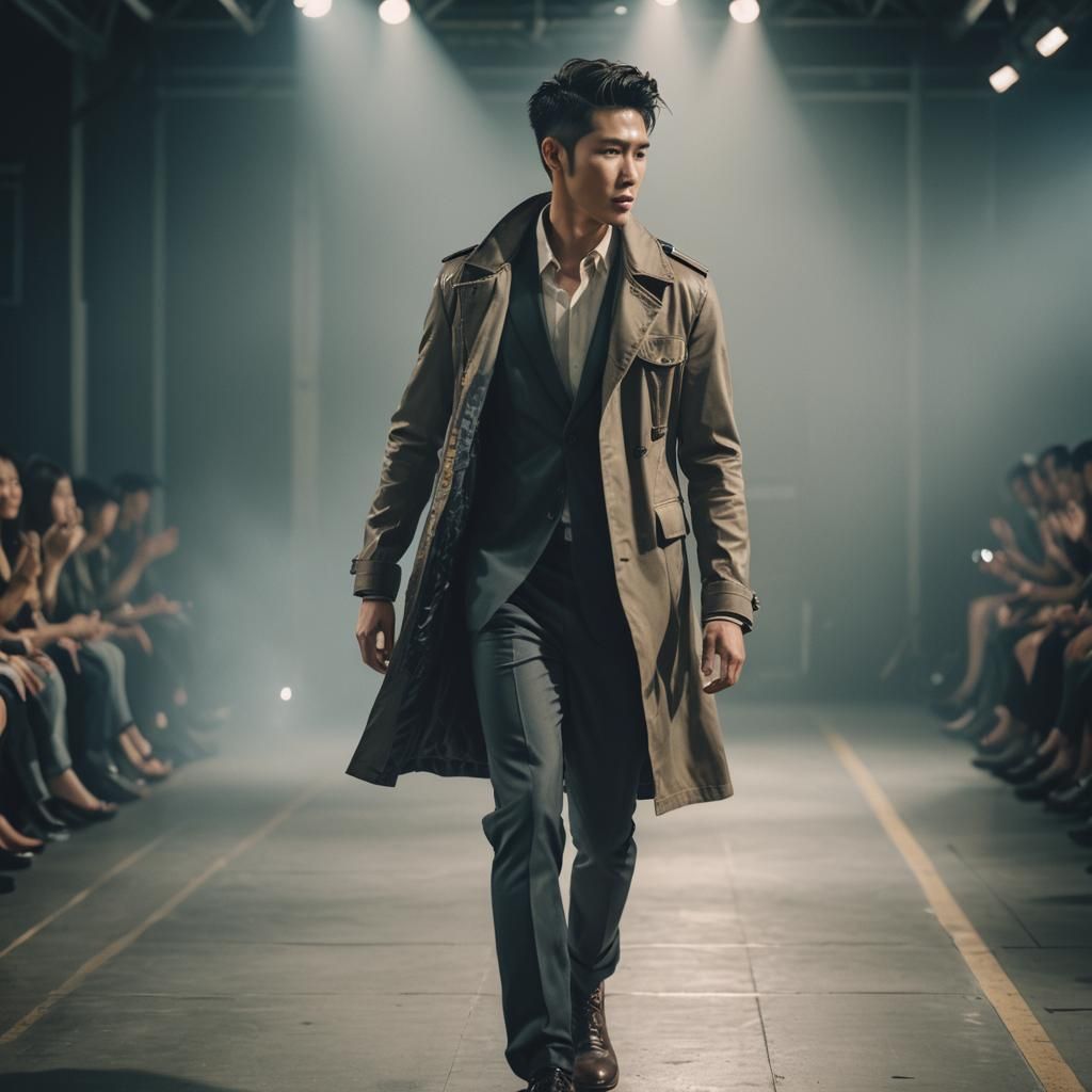 Attractive Asian Male Model on Runway, Cinematic Style