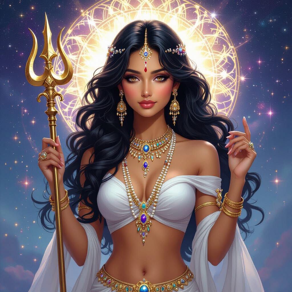 Celestial Woman with Shiva Trident in Cosmic Realm