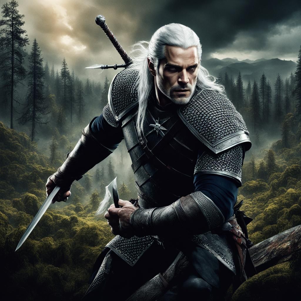 Epic Witcher Battle in Dark Fantasy Forest