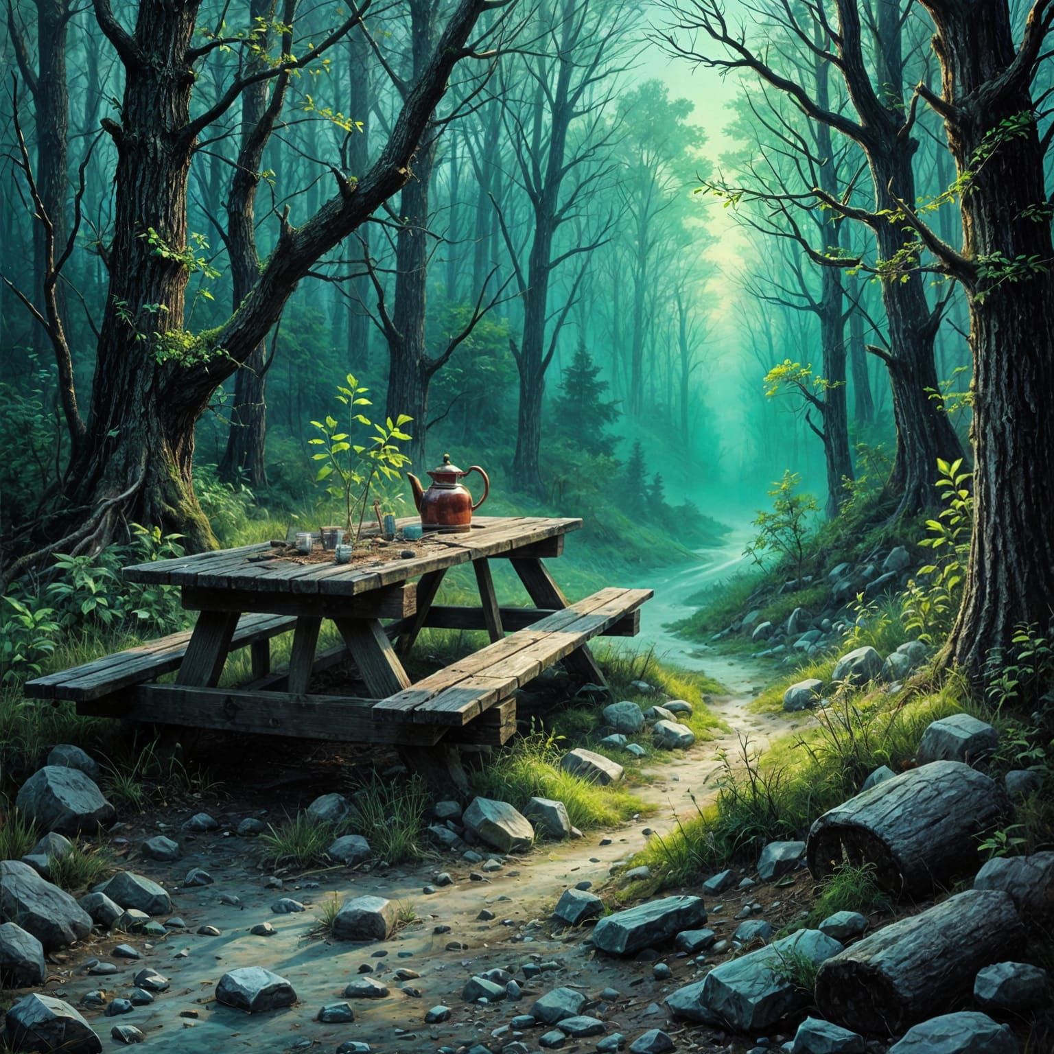 Neon Green Light Illuminates Abandoned Campsite