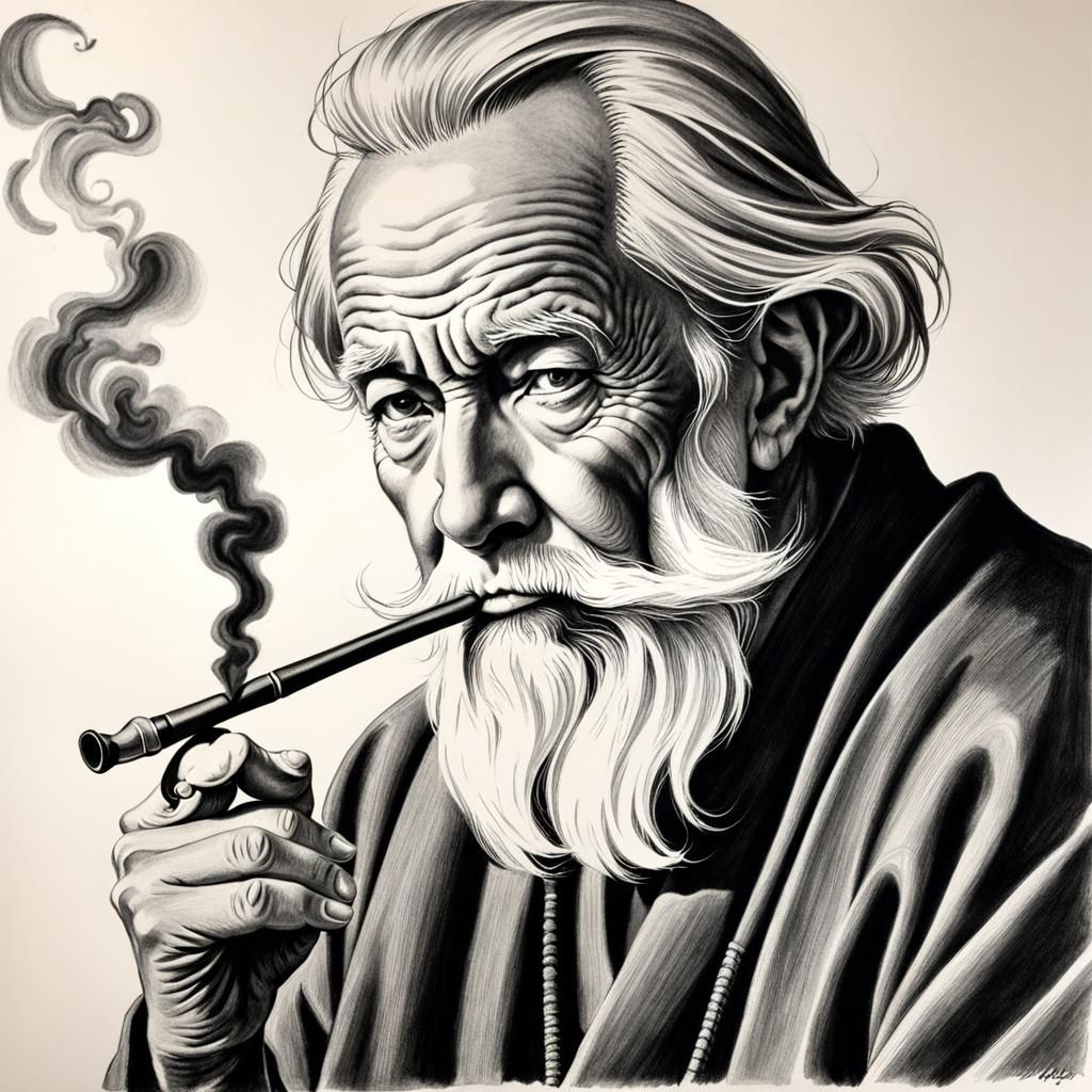 Charcoal Pencil Drawing of Old Man Smoking