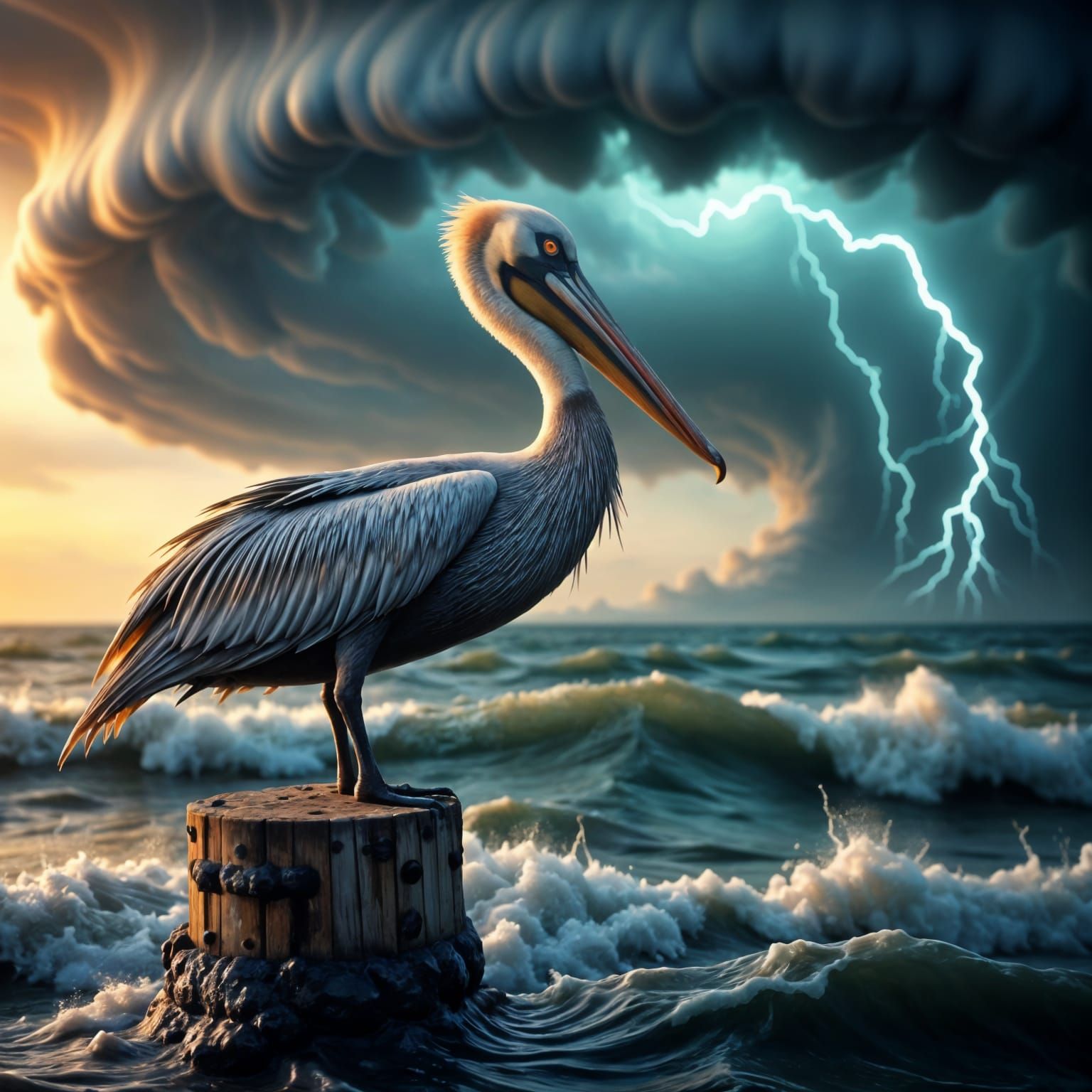 Hyperrealistic Windswept Pelican Amidst Turbulent Skies