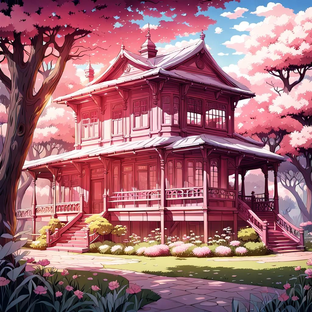 Vintage Wooden House and Garden in Anime Style