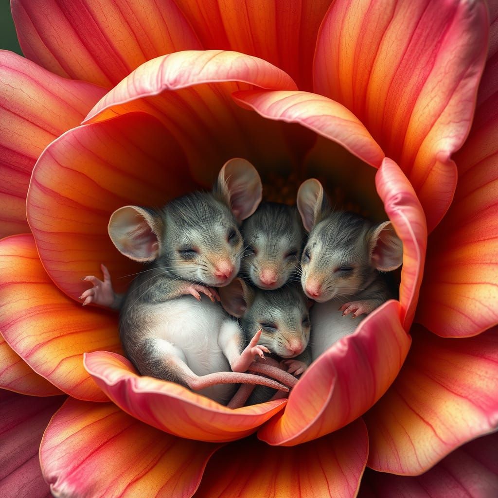 Hyperrealistic Mouse Family Sleeping in Colorful Flower