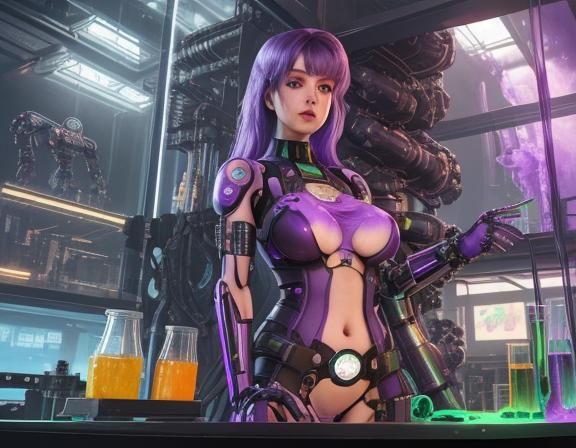 Cyberpunk Mad Scientist with Robotic Arm and Violet Liquid