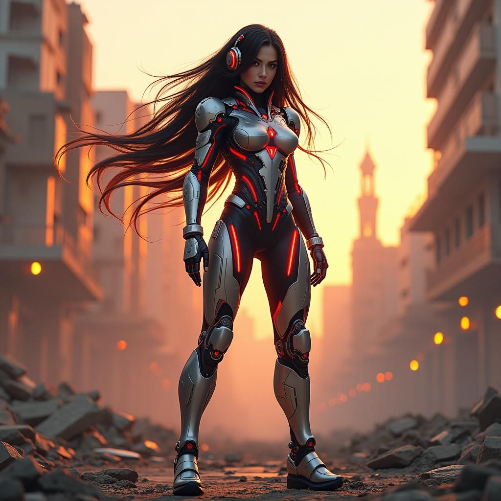 Cyborg Woman Posing in Post-Battle Landscape