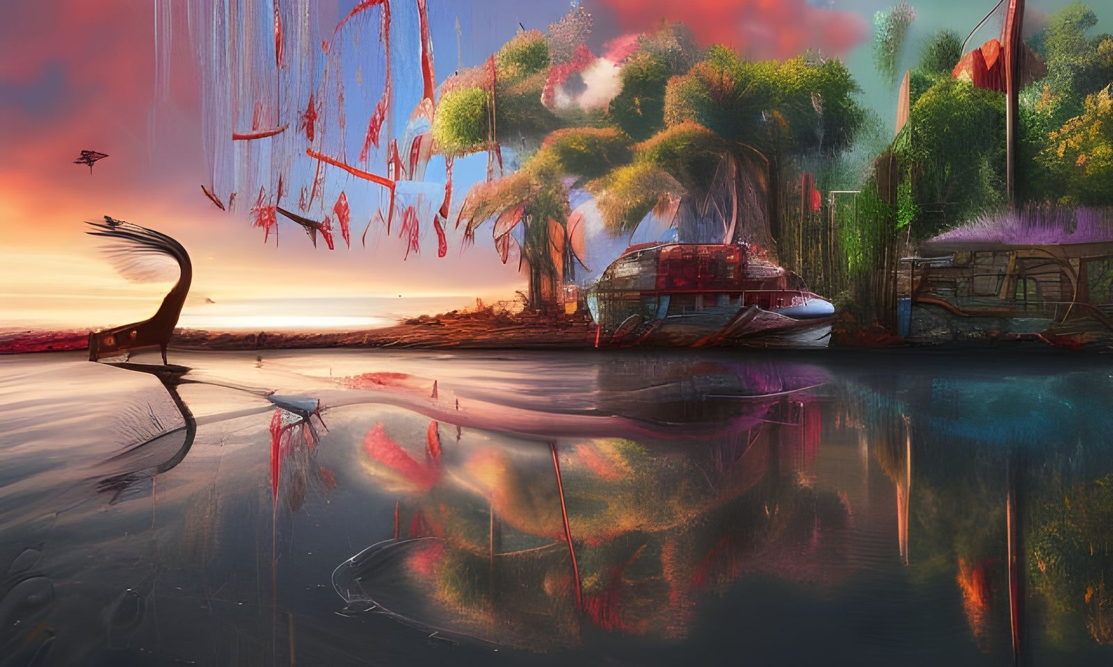 Sunset Bird Reflected in Water: Detailed Matte Painting