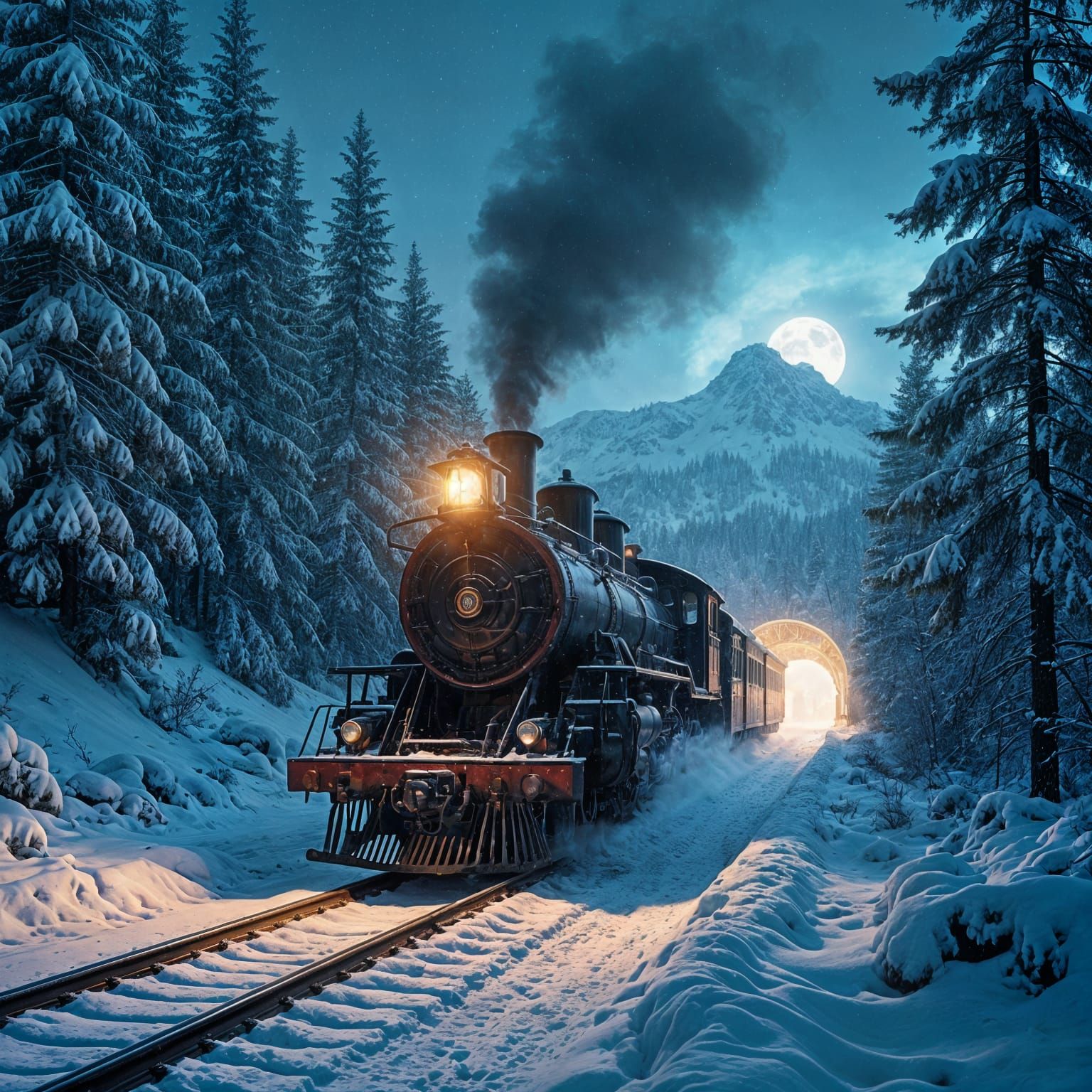 Steam Locomotive Emerges into Nordic Winter Night