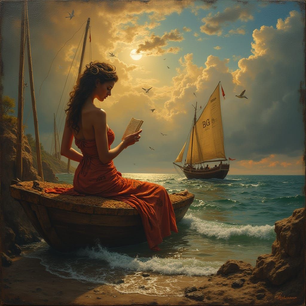 uma pintura estilo Klimt + jean-leon gerome + Rafaello e um artista escultor esculpindo um farol com as letras "BG" um p...