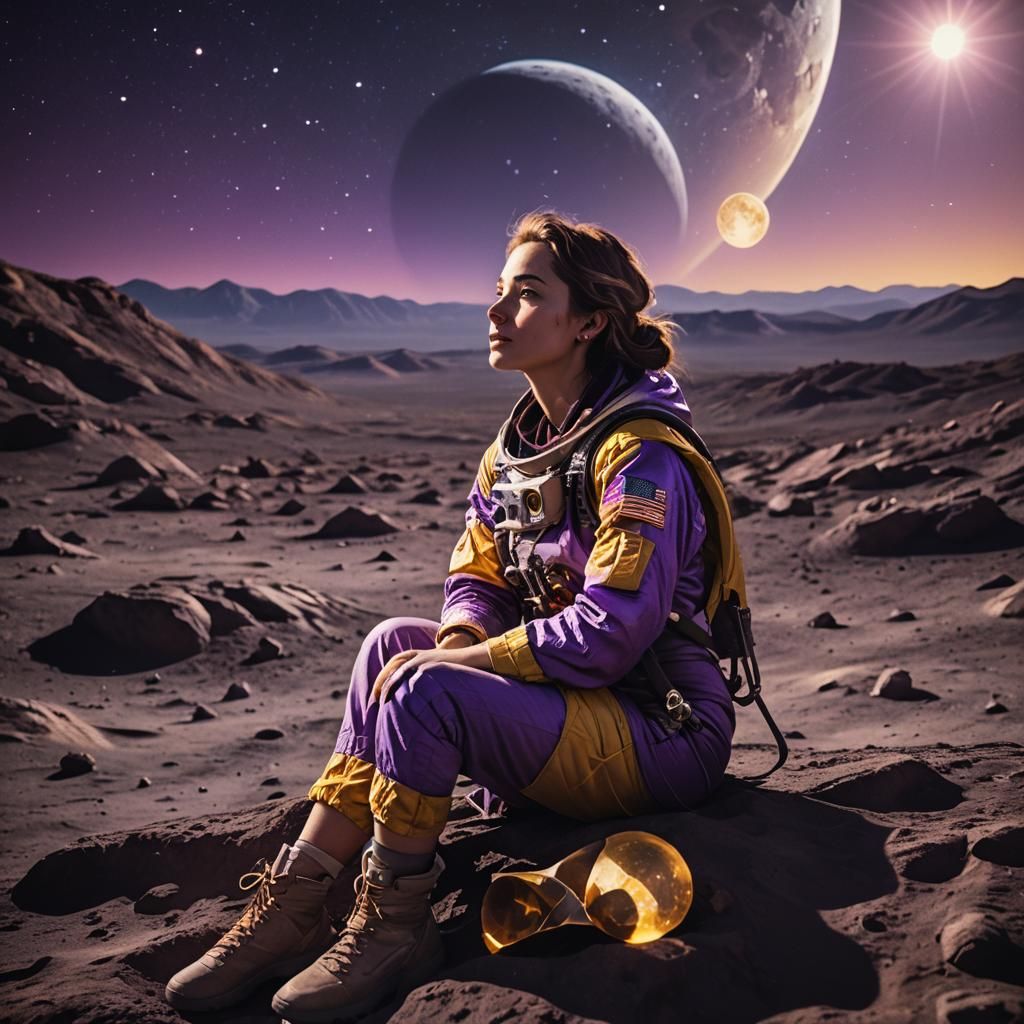 Lady on the Moon Observing Earth: Cinematic Still