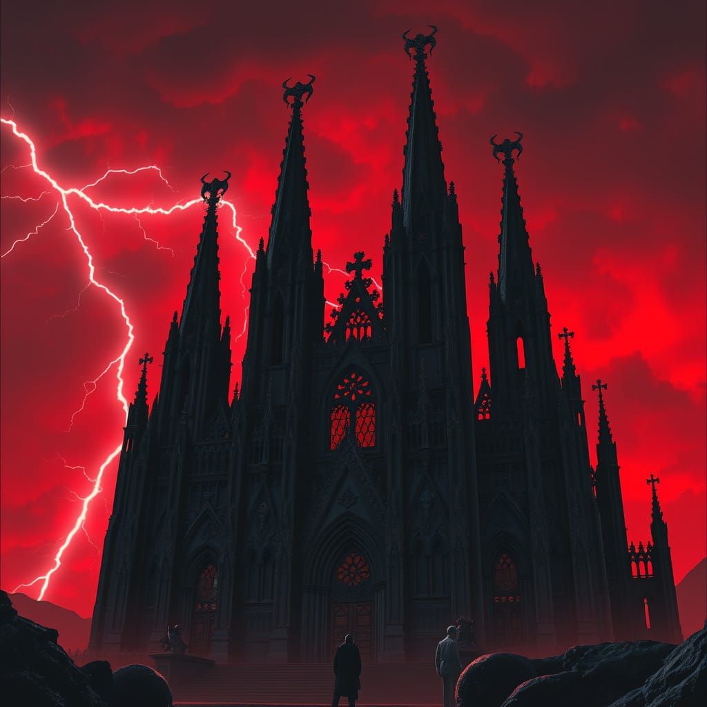 Obsidian Gothic Cathedral Against a Blood-Red Sky