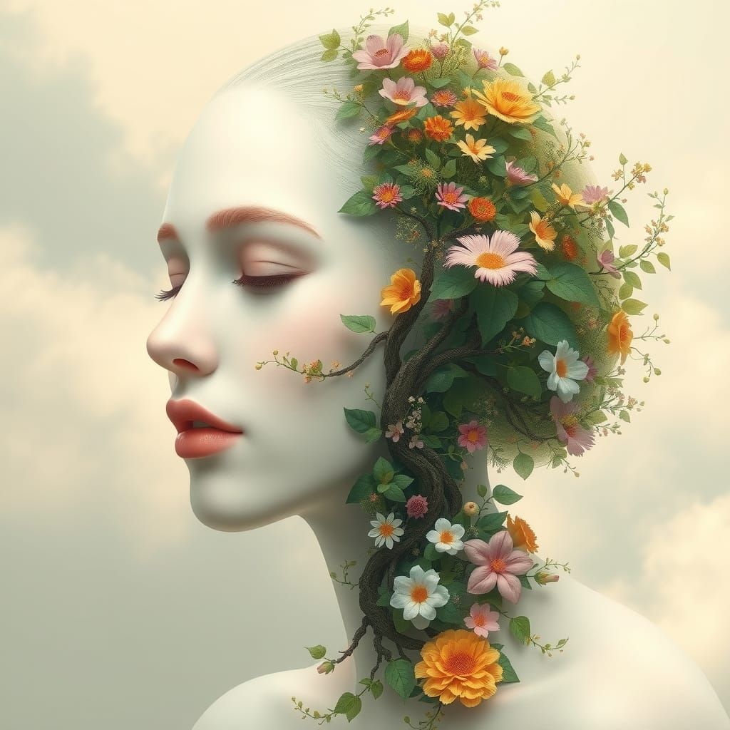 A surrealistic representation of a female face, split into t...