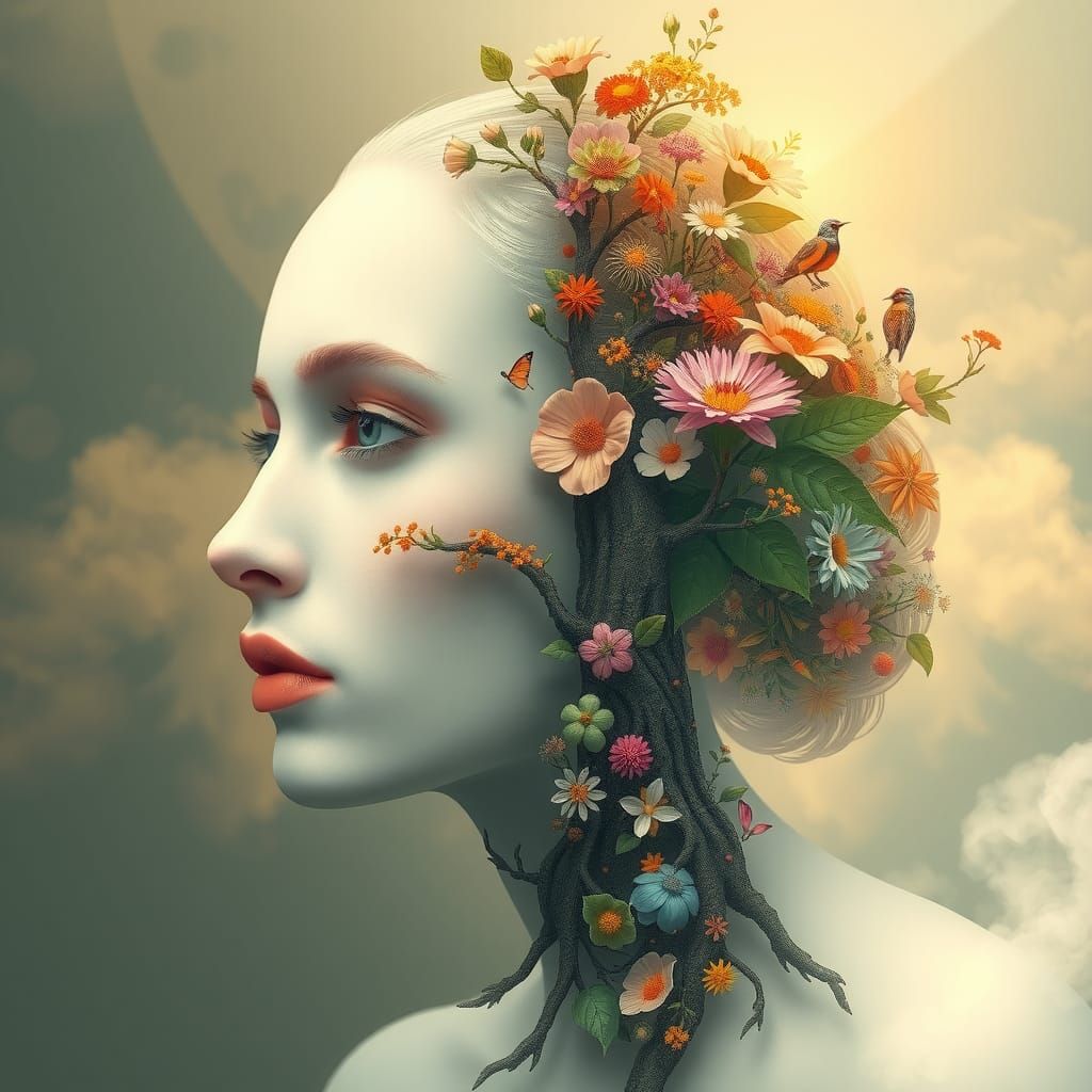 A surrealistic representation of a female face, split into t...