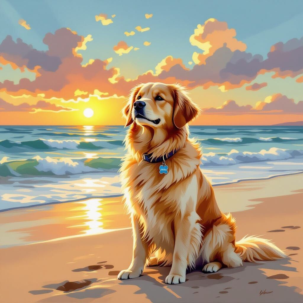 Golden Retriever Gazing at Sunset, Impressionistic Style