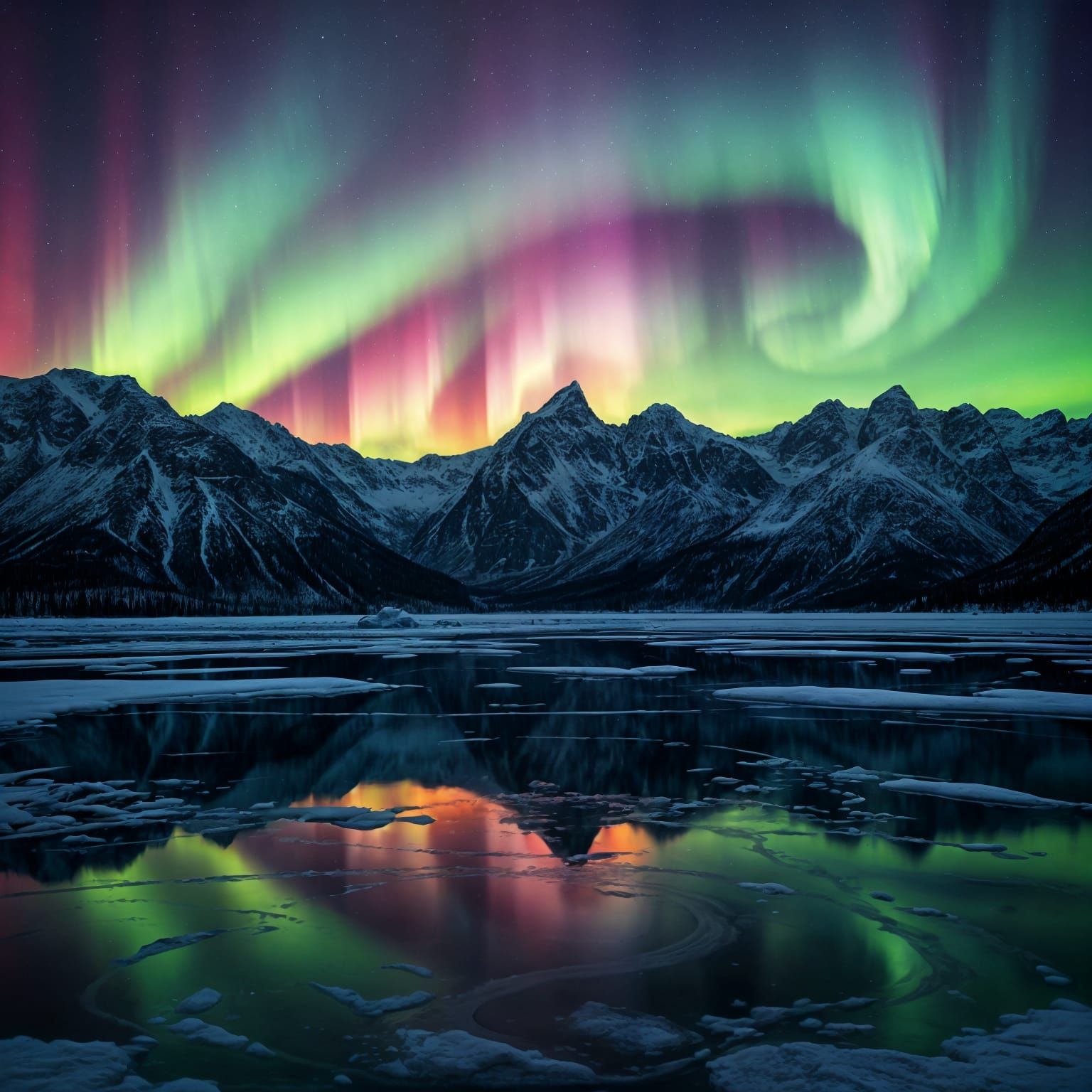 Northern Lights Dance Above Serene Mountain Lake