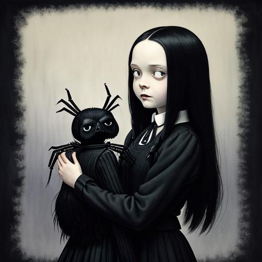 Wednesday Addams Hugs Spider, Gothic Illustration