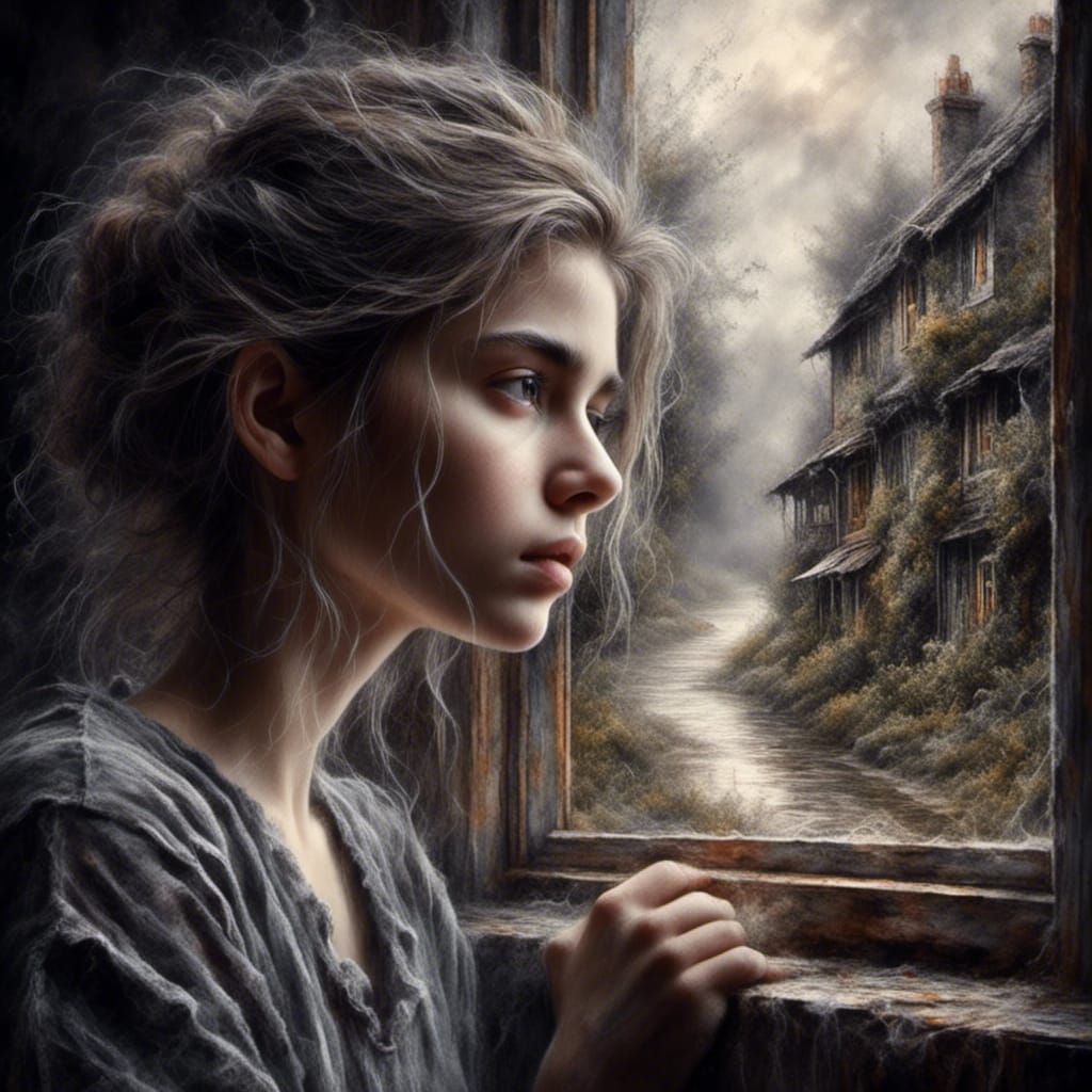 Pensive Girl Gazing Out Window Pastel Drawing