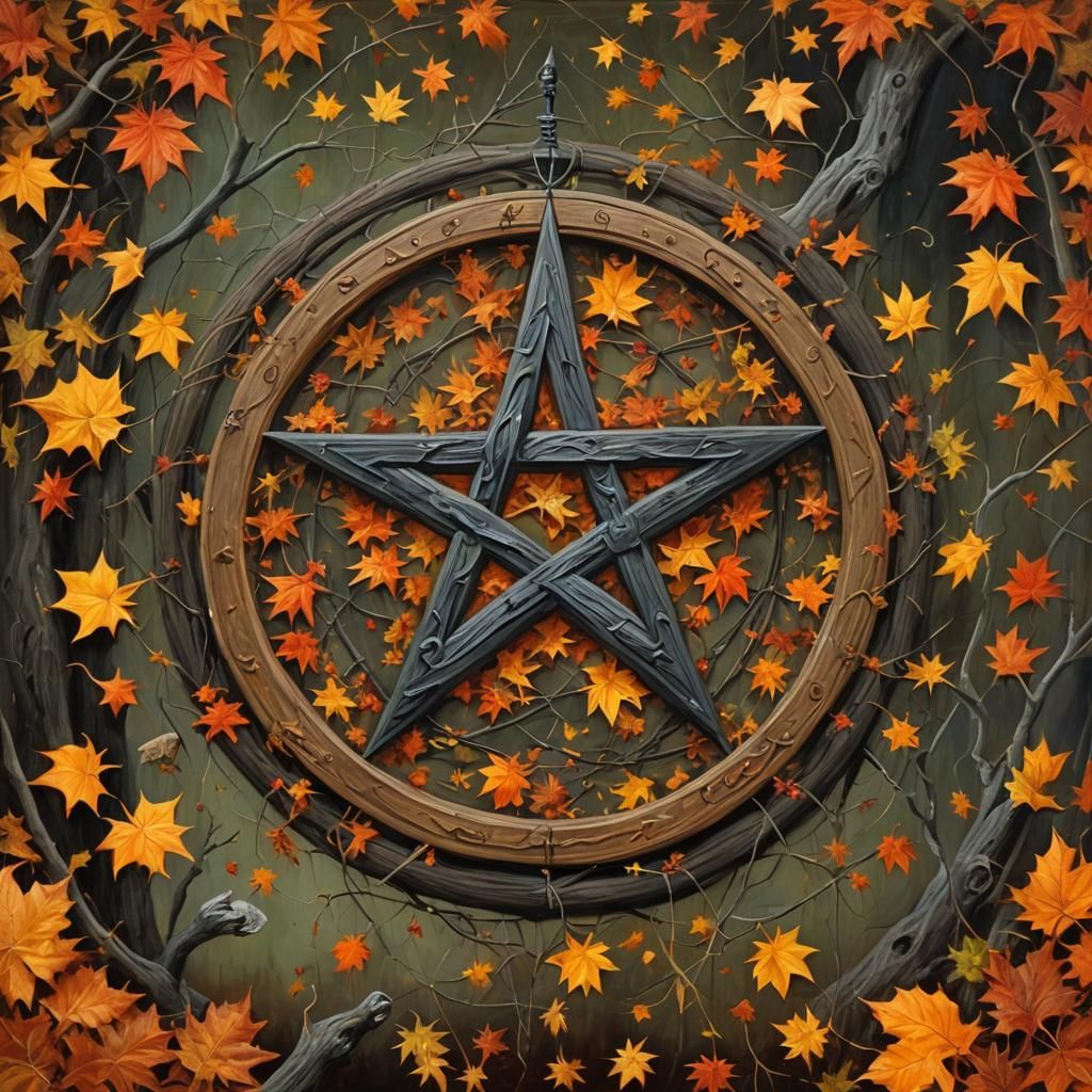 Autumn Folk Art Witchcraft Halloween Pentagram Oil Painting