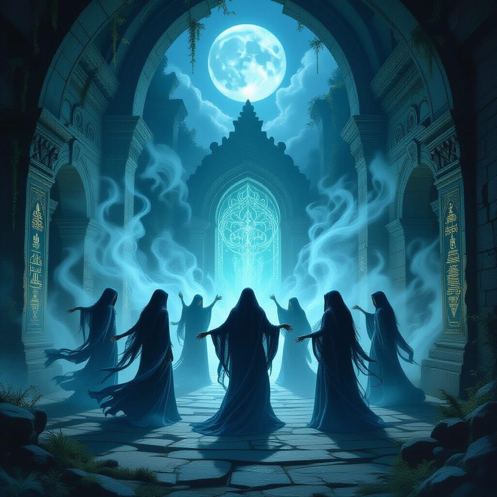 Spectral Figures Dance in Enchanted Hecate Temple