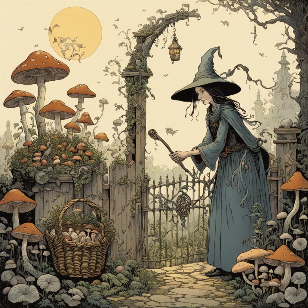 Enchanted Herbal Witch Surveys Her Shimmering Mushroom Harve...