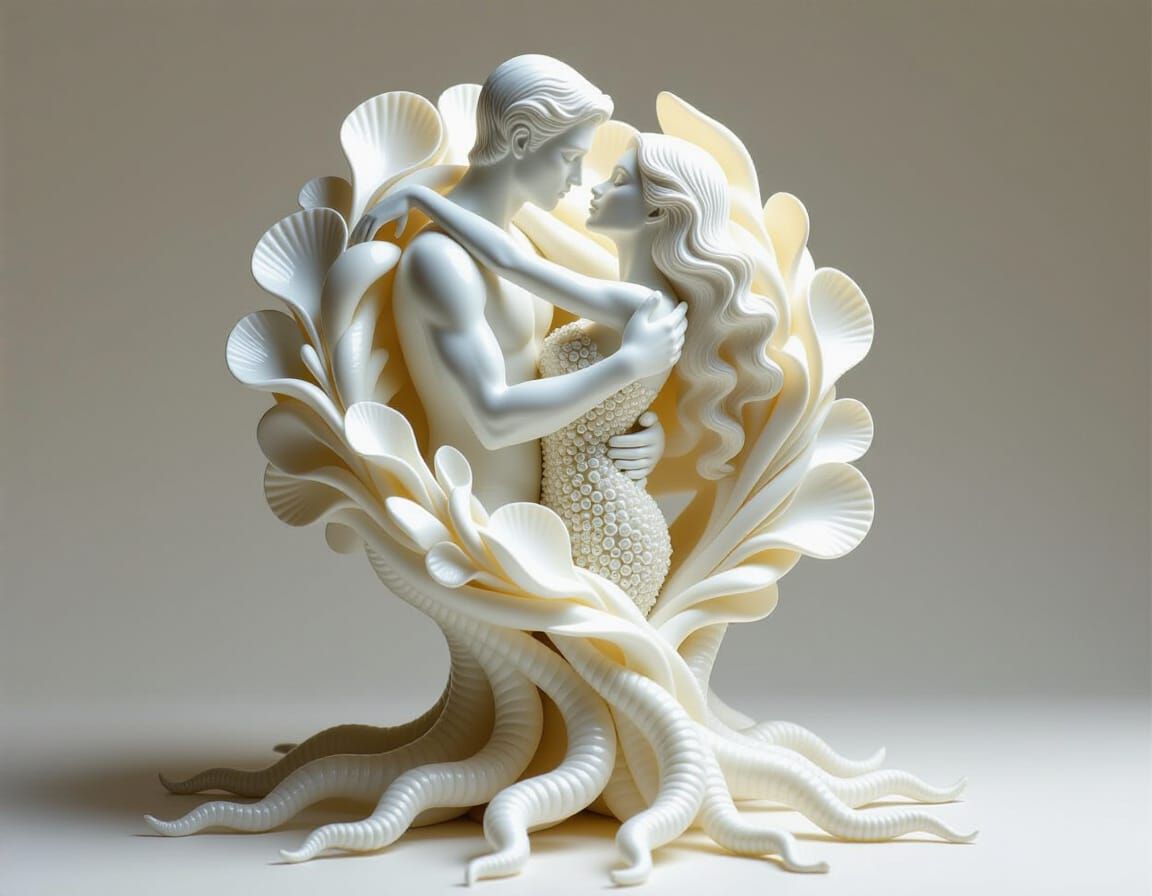 Surreal White Sculpture of Embracing Couple with Roots