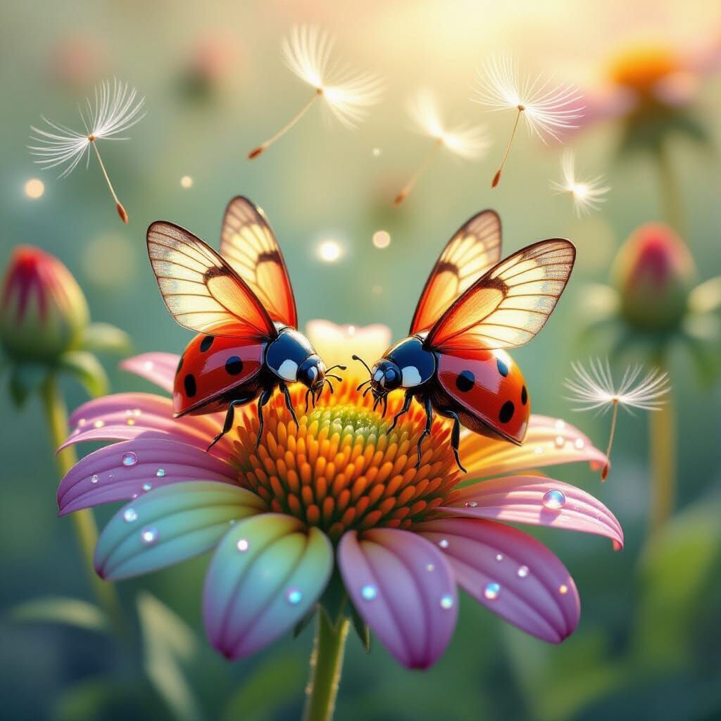 Glowing Ladybugs on Rainbow Flowers: Ethereal Scene