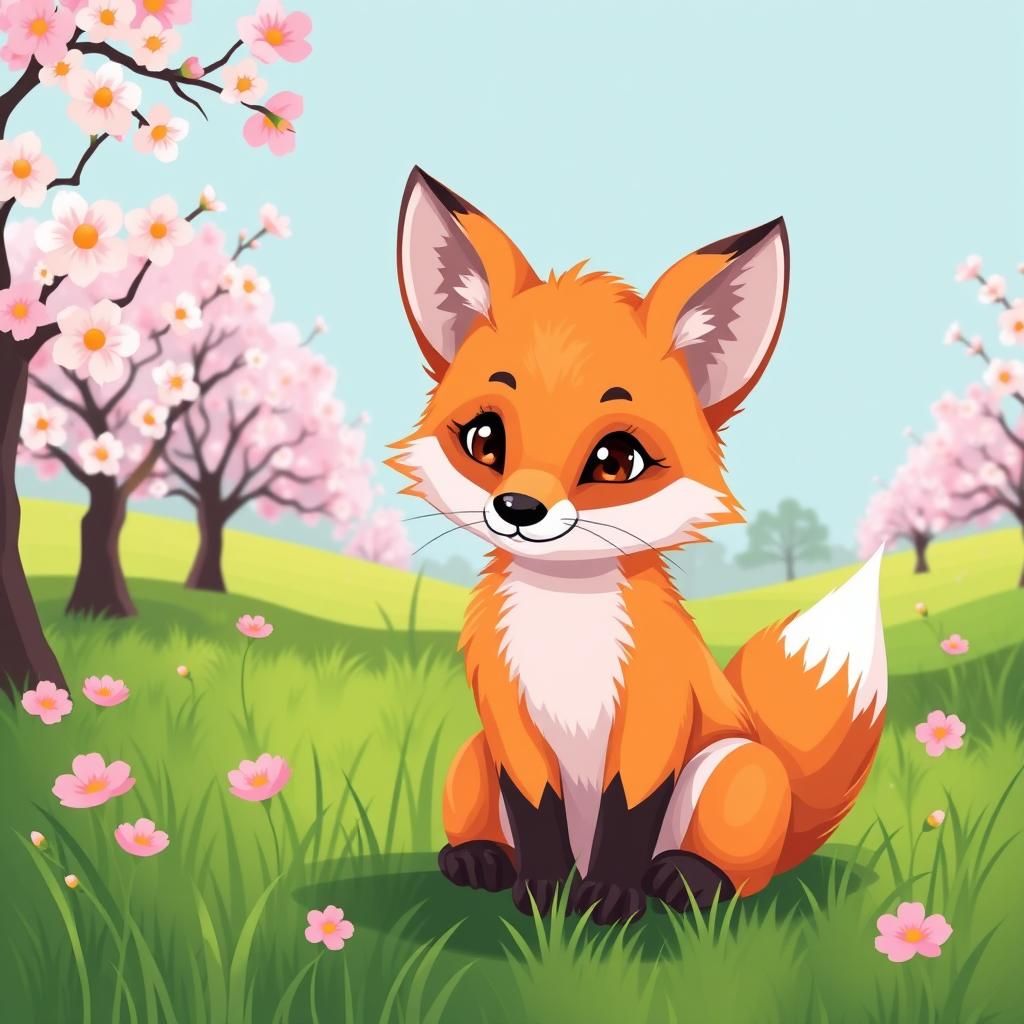 Cute Baby Fox in Meadow: 2D Vector Art