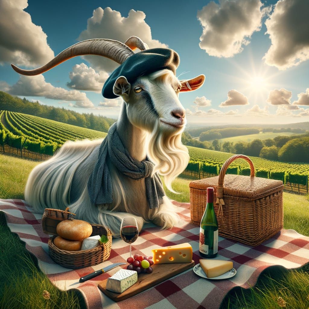 Goat in Beret Having Picnic in French Vineyard