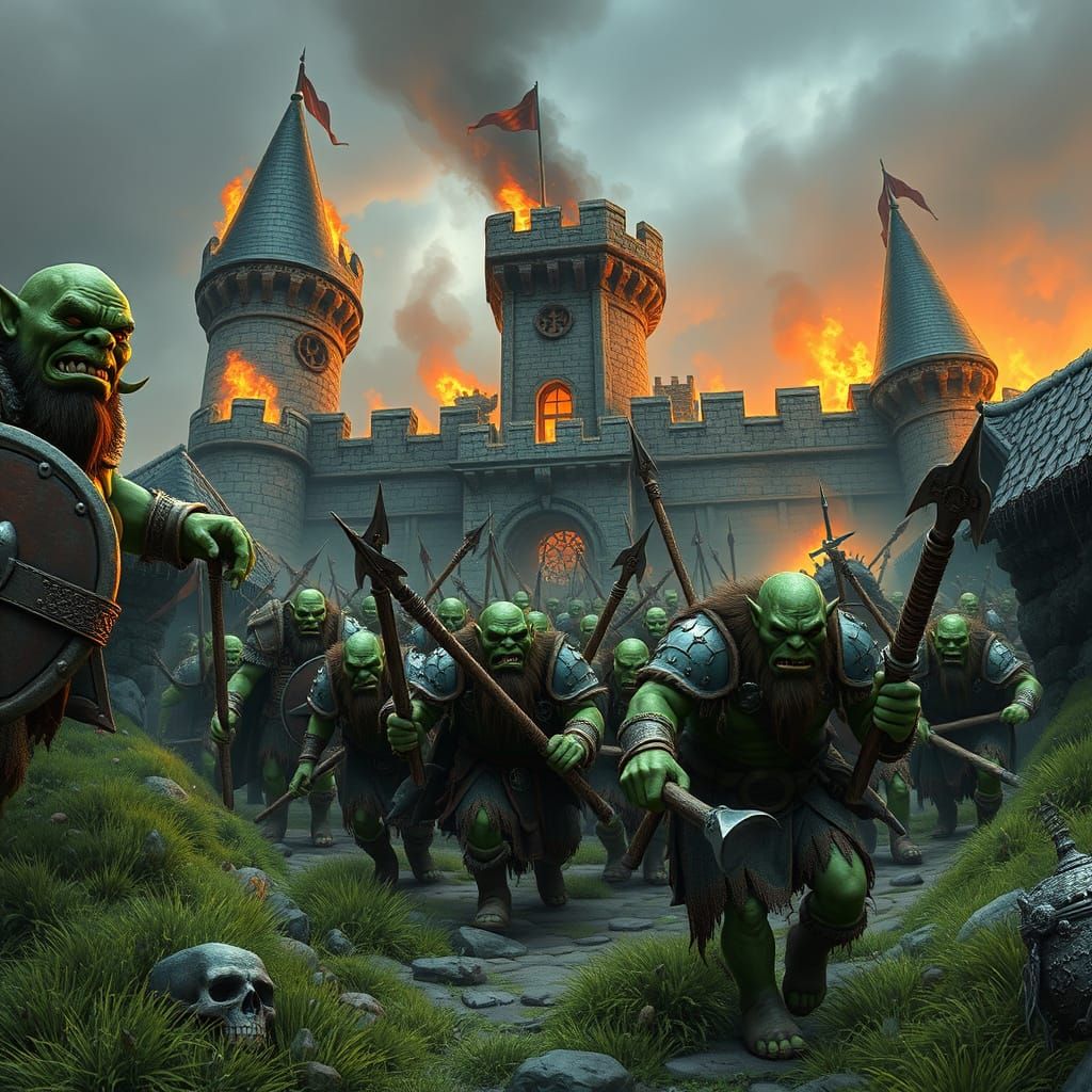 Hyperrealistic Orc Army Leaving Burning Castle with Treasure