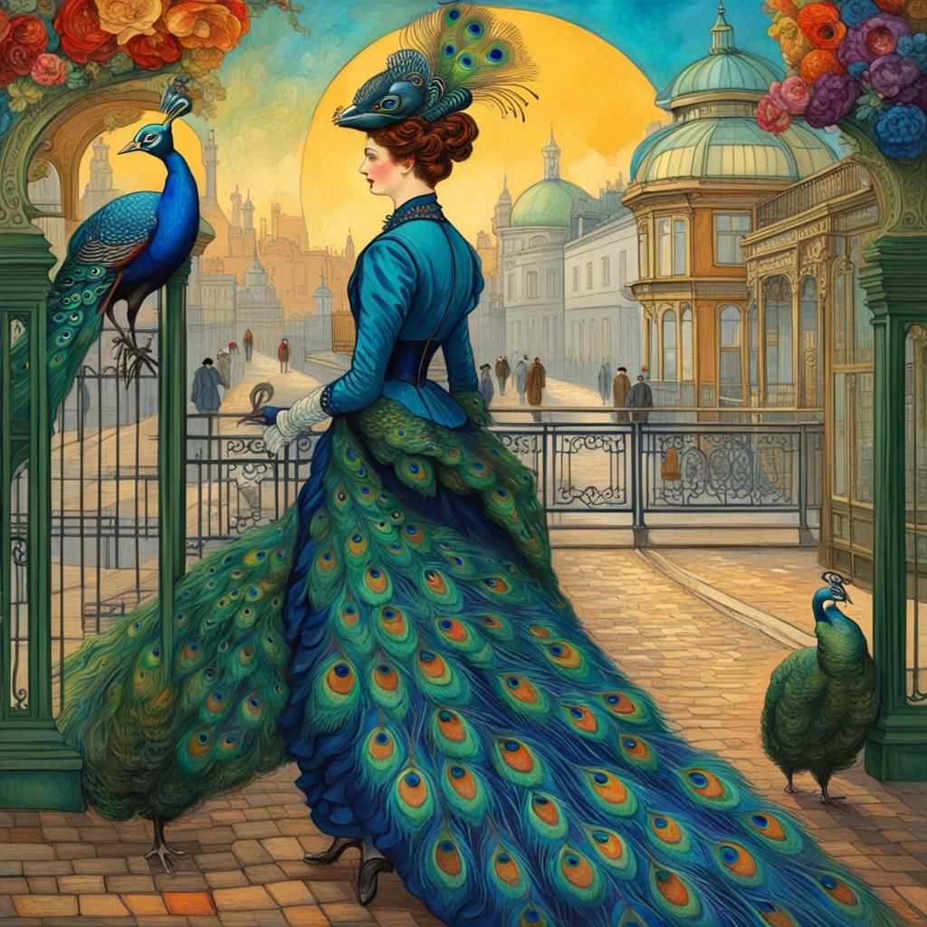Victorian Woman and Peacock in Art Nouveau Style