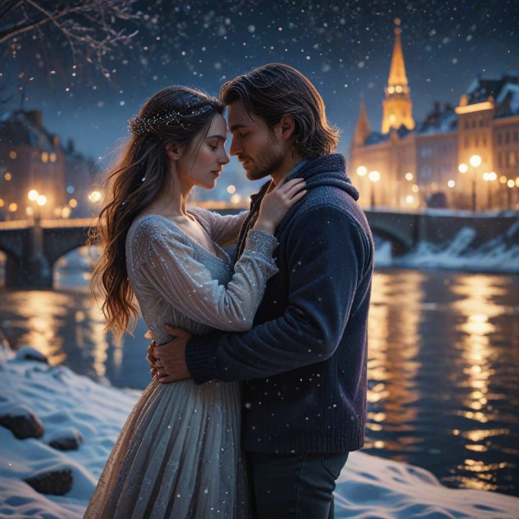 Romantic Kiss on Snowy Riverbank: Impressionist Watercolor