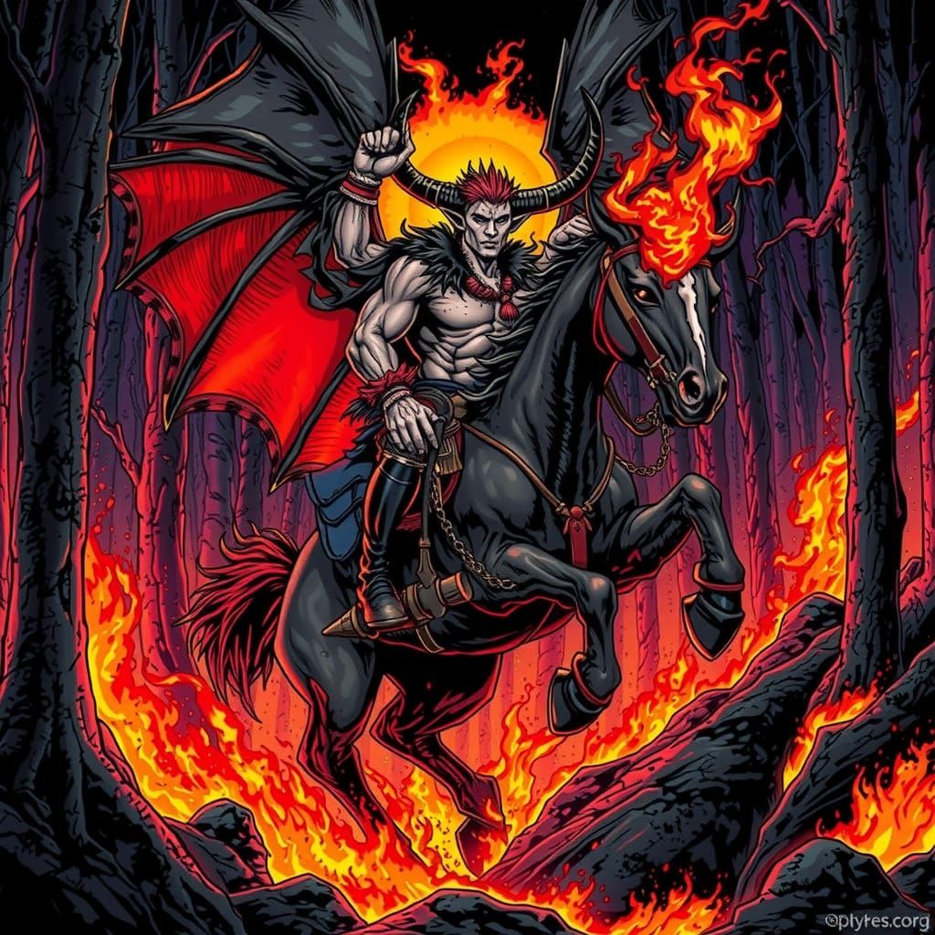 Majestic Demon Rides a Fiery Steed through Dark Fantasy Fore...