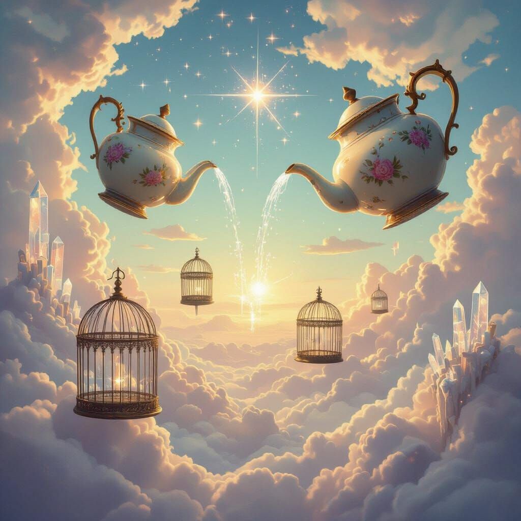 Surreal Sky Teapots Pouring Starlight