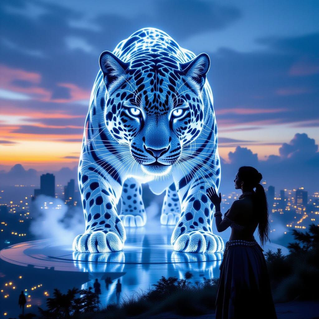 Futuristic Panthera Gombaszoegensis Silhouette with Native W...