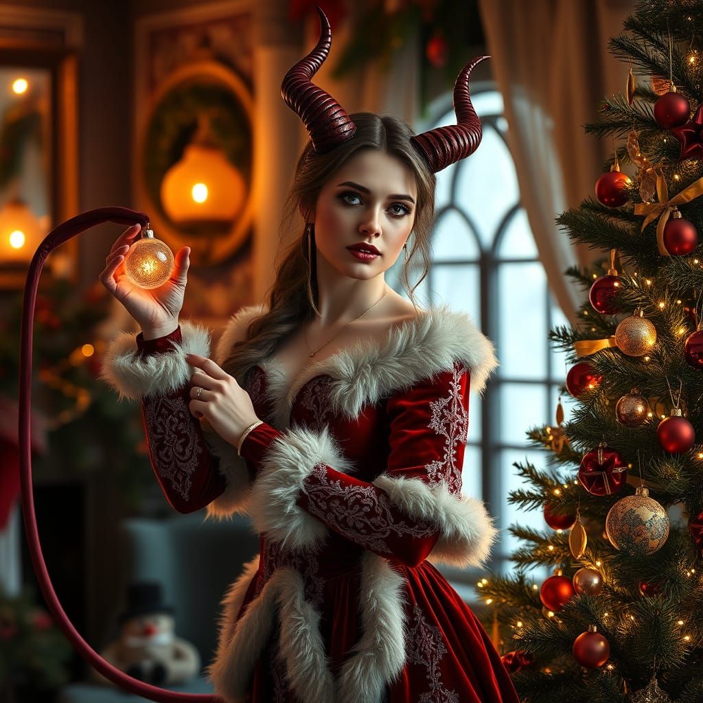 Festive Woman Decorates Christmas Tree in Hyperrealistic Sty...