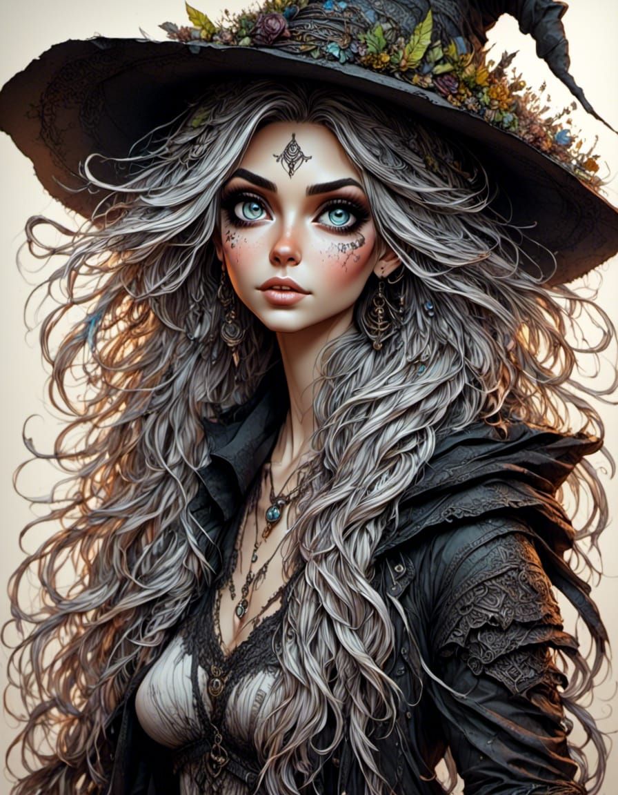 Fantasy Witch Girl Picking Herbs in Sketch Art