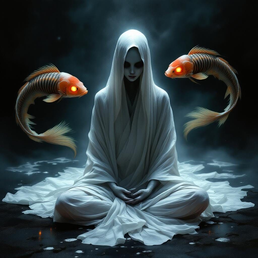 Ghostly Meditation with Skeletal Koi Fish