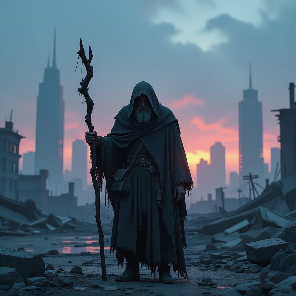 Weathered Old Man in Ruined Cityscape at Twilight