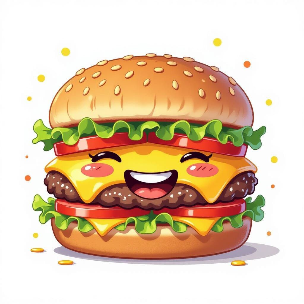 Happy Cartoon Burger with Lettuce and Cheese