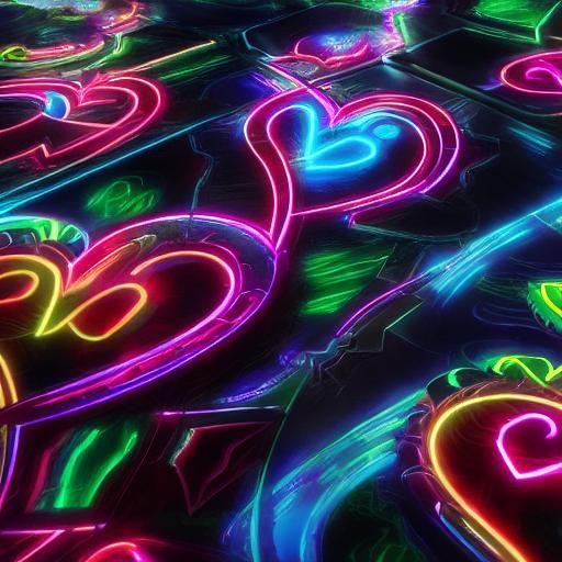 Hyperrealistic Neon Glass Hearts in Detailed Digital Art