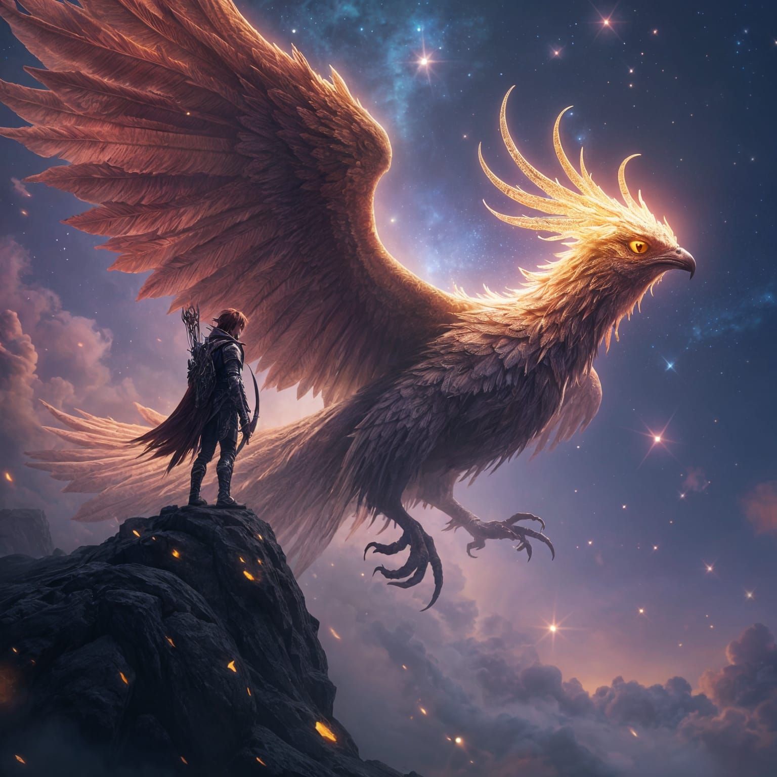 Elven Archer on Steampunk Phoenix Airship in Nebula