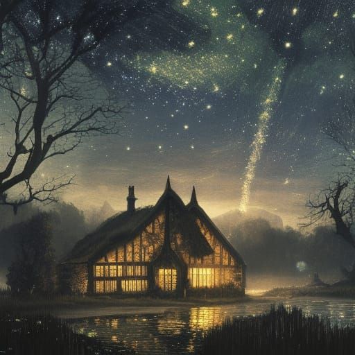 Gothic Cottagecore Swamp Under Starry Night